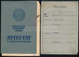 1969-1972 Szovjet középiskolai bizonyítvány a szófiai nagykövetségi iskola tanulója részére, hitelesített fordítással + fényképes német jogosítvány