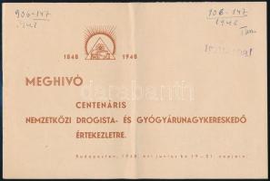 1948 Meghívó centenáris nemzetközi drogista- és gyógyárunagykereskedő értekezletre, tűzött papírkötésben