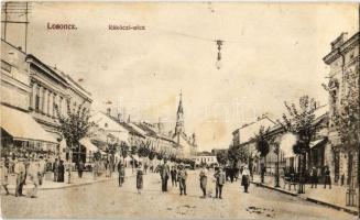 1915 Losonc, Lucenec; Rákóczi utca, üzletek, Református templom / street view, shops, Calvinist church (fl) (14 cm x 8,4 cm)