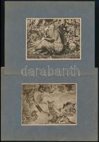 19 db, különféle festményekről készült régi nyomat, kartonra ragasztva, különböző méretben, részben ...