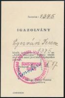 1948 Kiváló Munkáért jelvény viselésére jogosító igazolvány, bélyegzéssel, Apró Antal nyomtatott(?) aláírásával