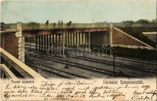 1906 Debrecen, Vasúti átjáróhíd, vasútállomás. Kiadja Pongrácz Géza (EK)