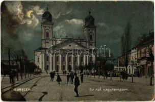 1909 Debrecen, Református nagytemplom holdfényben, üzletek, piac. Kiadja Thaisz Arthur (fl)
