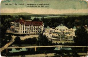 1913 Pöstyén, Pistyan, Piestany; Thermia Palace mit Bad Irma / Thermia szálló az Irma fürdővel, híd. Kiadja Schulcz Ignác / spa, bathing house, hotel (kopott sarkak / worn corners)