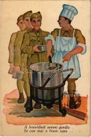 1944 A honvédnek semmi gondja, itt van már a finom zupa... / WWII Hungrian military humour art postcard (EK)