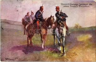 1914 Honvéd Husaren (genannt die roten Teufel), Vorposten. B.K.W.I. 889-6. / WWI Austro-Hungarian K.u.K. military art postcard, Honvéd hussars, outpost s: B. Bélaváry
