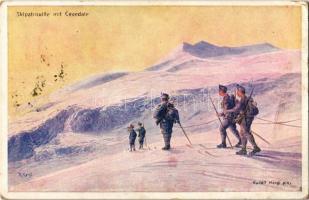 1916 Skipatrouille mit Cevedale. Kriegshilfsbüro Nr. 212. / WWI Austro-Hungarian K.u.K. military art postcard, ski patrol with Monte Cevedale s: Rudolf Kargl + K.u.K. Militär-Zensur Villach (EK)