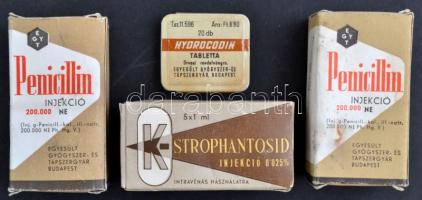 Régi gyógyszeres dobozok (Penicillin, Strophantosid, Hydrocodin), tartalommal