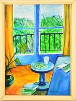 Perlott jelzéssel: Kilátás a szobából. Akvarell, papír, üvegezett keretben, 42×30 cm