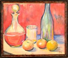 Basch jelzéssel: Asztali csendélet. Akvarell, papír, üvegezett keretben, 32×40 cm