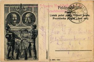 1915 Viribus Unitis. Franz Joseph I, Wilhelm II / WWI Austro-Hungarian K.u.K. military field postcard (Feldpostkarte) with Viribus Unitis propaganda + K.u.K. Schwere Haubitzdivision Nr. 2. Ersatzbatterie (kis szakadás / small tear)
