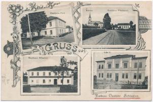 1909 Radkov, Ratkau; Gasthaus Frei, Kirche, Gasthaus Wladarsch, Gasthaus Wilscher, Schule / inns, hotels, church, school. Art Nouveau, floral (wet damage)