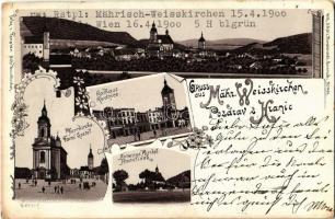 1900 Hranice, Mährisch Weisskirchen, Weißkirchen; Pfarrkirche, Rathaus, Antonius Kirche. Wilh. Schütz Kunstanstalt No. 1404. Art Nouveau, floral, litho (tiny holes)