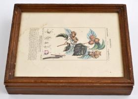 Fa kulcstartó doboz, elején üvegezett régi metszettel, hiányzó fogasokkal, 27,5×21,5 cm