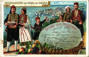 1900 Dubrovnik, Ragusa; Nationalkostüm von Canali bei Ragusa. Lith. Kunstanstalt Heinr. & Aug. Brüning 8429. / traditional costumes of Cilipi, folklore. Art Nouveau, litho (EB)