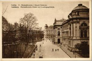 Lviv, Lwów, Lemberg; Ul. Marszalkowska i Gmach Sejmowy / Marszalkowska Gasse und Landtagsgebäude / street view, parliament building