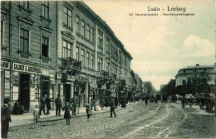 Lviv, Lwów, Lemberg; Ul. Kazmierzowska / Kazmierzowskagasse / street view, shop of Kalmen S. Ehrenpreis, hotel, tram. L. Propsta 1908.