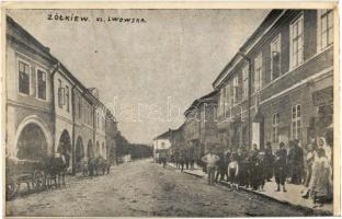 Zhovkva, Zsovkva, Zólkiew; ul. Lwowska / Lembergergasse / Lviv street with shops. N. Apfelschnitt (EK)