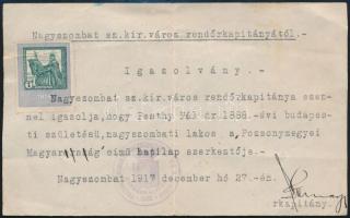 1917 Nagyszombat, igazolvány Pesthy Pál a Pozsonymegyei Magyarság szerkesztője részére.