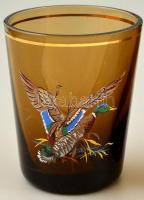 Vadász témájú üvegpoharak, 5 db, matricás, apró kopásnyomokkal, m: 7 cm