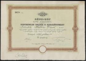 Budapest 1897. Kereskedelmi Takarék és Hitelszövetkezet részjegye 100K-ról, szelvényekkel, szárazpecséttel T:II
