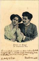 23 db régi motívumlap: romantikus szerelmespáros lapok, folklór és művészlapok, hölgyek / 23 pre-1945 motive postcards: romantic couples, folklore, art postcards, ladies