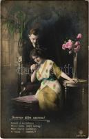 23 db régi motívumlap: romantikus szerelmespáros lapok, folklór és művészlapok, hölgyek / 23 pre-194...