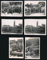 1940-1941 Vegyes fotó tétel, 6 db, közte romos házakkal, vasúti sínekkel, katonákkal, Szabadka visszatért 1941 bélyegzéssel a hátoldalon, 6x8 cm