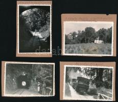cca 1940-1950 Kőkapu kisvasút, Károlyi-kastély, 4 db albumlapra ragasztott, de később kivágott fotó, feliratozva, 8,5×5,5 cm