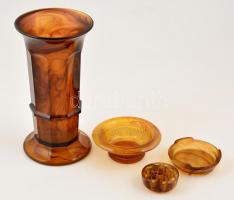 Davidson art deco borostyán váza, cigitartó és tálka (2 db), tálkán nagyon apró csorbákkal, formába préselt, egyik jelzett (England), d:6 és 9,5 és 12,5 cm, cm, m: 25,5 cm