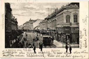 1903 Miskolc, Széchenyi utca, villamos, Rosenberg Gyula üzlete, Takarékpénztár, Lloyd szálloda. Kiadja Vadász M.