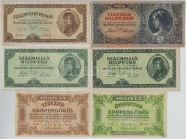 1946. 6db-os vegyes magyar pengő és adópengő bankjegy tétel T:III