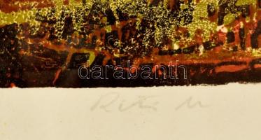 Réti Mátyás (1922-2002): Kazlas táj. Színes linó, papír,  jelzett, üvegezett keretben, 25×32 cm