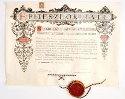 1931 Műegyetemi építészhallgató oklevele, fatokos függőpecséttel, aláírásokkal (Hültl Dezső, Wälder Gyula), feltekerve, karton tokjában