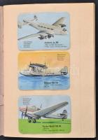 cca 1930-1940 95 db gyűjtői kártya, közte állatokkal, repülőgépekkel, füzetbe ragasztva, változó állapotban.