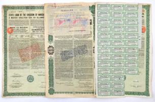 Budapest 1924. "A Magyar Királyság 1924. évi Államkölcsöne" 7 1/2%-kal kamatozó államadóssági kötvény 100 Font Sterlingről (2x) angol és magyar nyelven bélyegzésekkel, szárazpecsétekkel, lyukasztásokkal, szelvényekkel + "A Magyar Királyság 1924. évi Államkölcsöne" 7 1/2%-kal kamatozó államadóssági kötvény 1000 U.S.A. dollárról angol és magyar nyelven bélyegzésekkel, igazolással T:III,III-