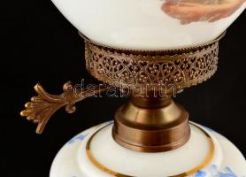 cca 1900 Részben kézzel festett petróleumlámpa, utólag bekötve, réz szerelékekkel, jó állapotban, m:...