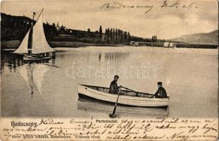 1905 Badacsony, part, vitorlás, evezős csónak. Kiadja Mérei Ignác (EK)