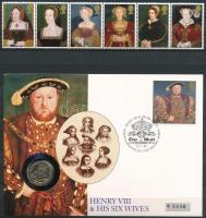 Nagy-Britannia 1983. 20p VIII. Henrik és hat felesége érme, felbélyegzett borítékban, mellette bélyegsorozat T:1 Great Britain 1983. 20 Pence Henry VIII & his six wives coin in envelope with stamp, with stamp series C:UNC