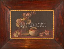 Széles jelzéssel: Asztali csendélet. Olaj, vászon-karton, keretben, 25×38 cm