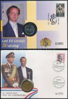 6db-os érmés boríték tétel uralkodói évfordulók alkalmából kiadva, benne belga (2x), spanyol, luxemb...