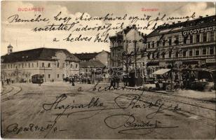 1912 Budapest II. Széna tér, régi Szent János kórház, Gyógyszertár, piaci árusok, villamos, lóbusz. Kiadja Ádám Herman (EK)