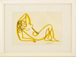 Macskássy Izolda (1945-): Támaszkodó akt. Vegyes technika, selyem papíron, jelzett, üvegezett keretb...