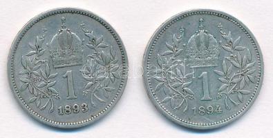 Ausztria 1893-1894. 1K Ag "Ferenc József" (2xklf) T:2,2- Austria 1893-1894. 1 Corona Ag &q...