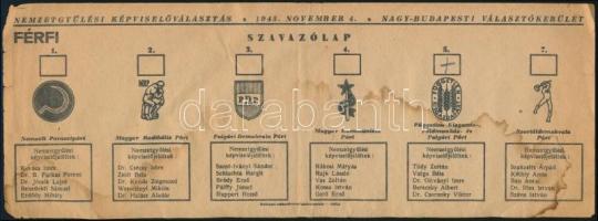 1945 Nemzetgyűlési képviselőválasztás szavazói lapja, 1945. nov. 4.,nagy-budapesti választókerület, foltos.