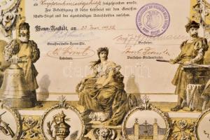 1932 Bécsújhelyi Egyesített Fémipari Szövetkezet díszes rézműves segédi oklevele, okmánybélyeggel, a...