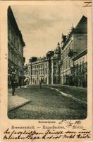 1902 Nagyszeben, Hermannstadt, Sibiu; Heltauergasse / Disznódi utca, szálloda, üzletek / street view, hotel, shops (EK)