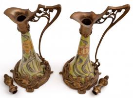 J.B.T.  anno 1906 szecessziós stílusú modern karaffa pár, kézzel festett fajansz, réz szerelékekkel,...