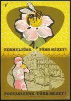 1960 Gönczi-Gebhardt Tibor (1902-1994): Termeljünk több mézet! Fogyasszunk több mézet! - kisplakát, 24×17 cm