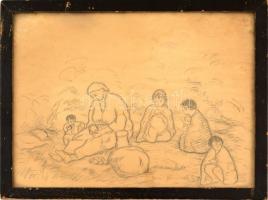 Iványi jelzéssel: Anya a gyermekeivel. Ceruza, papír, üvegezett keretben, 24×31 cm